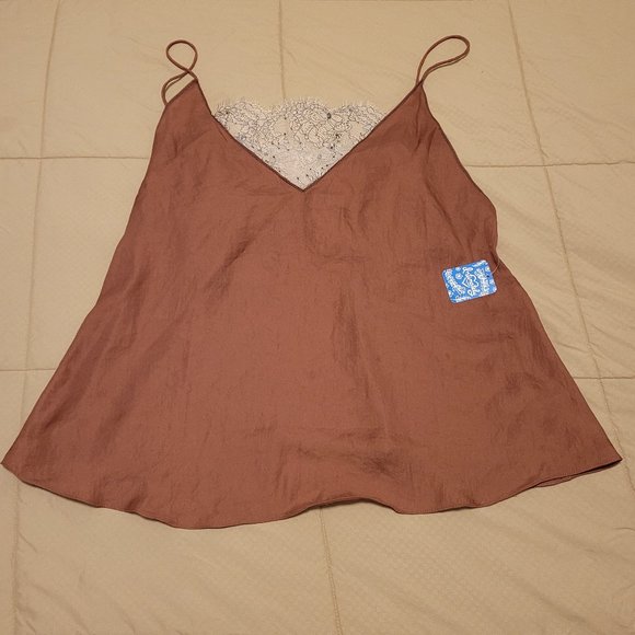 Free People CRIMSON (RED) LACE INSET PLUNGING CAMISOLE TANK TOP / CAMI - Picture 4 of 13
